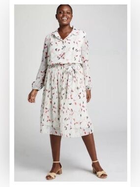 Lane Bryant Long Sleeve Pleated Airy Shirt Dress Chiffon Fabric Size 16 Collar